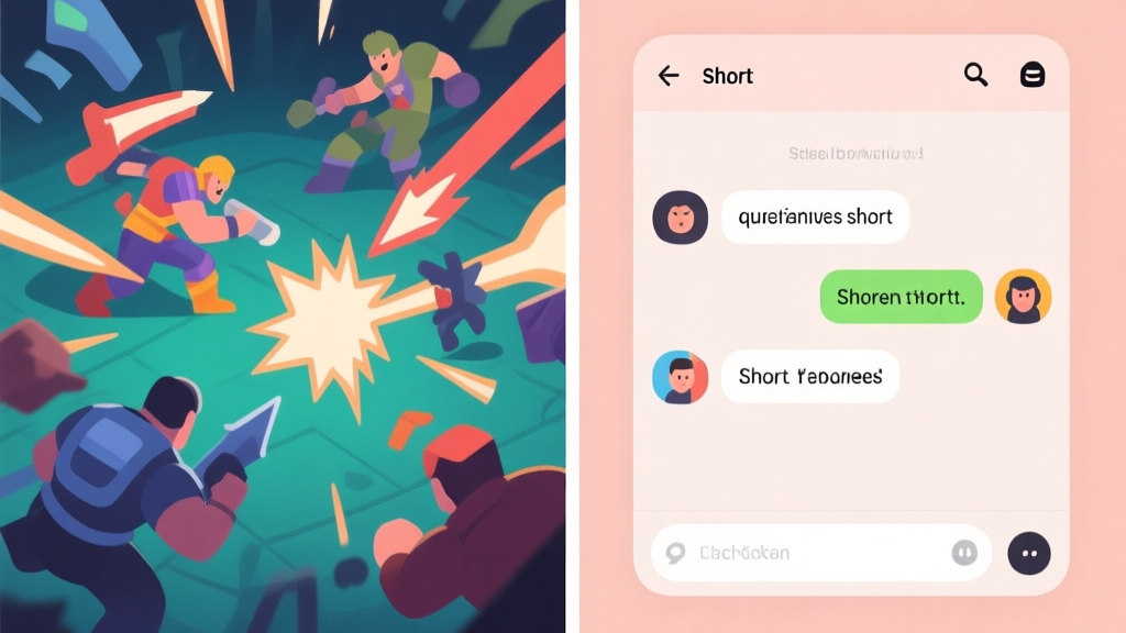Split-screen illustration showing chaotic game combat on one side and a clean, organized chat interface with clear icons and short words on the other, soft color palette high quality illustration, detailed, 16:9