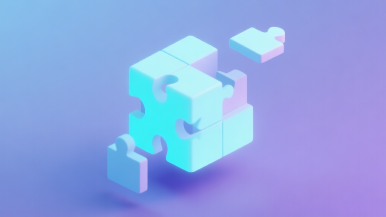 自动生成图片: A minimalist, isometric 3D illustration of a glowing puzzle cube being deconstructed into separate, floating geometric pieces, against a soft gradient background of muted blues and purples, flat design style high quality illustration, detailed, 16:9