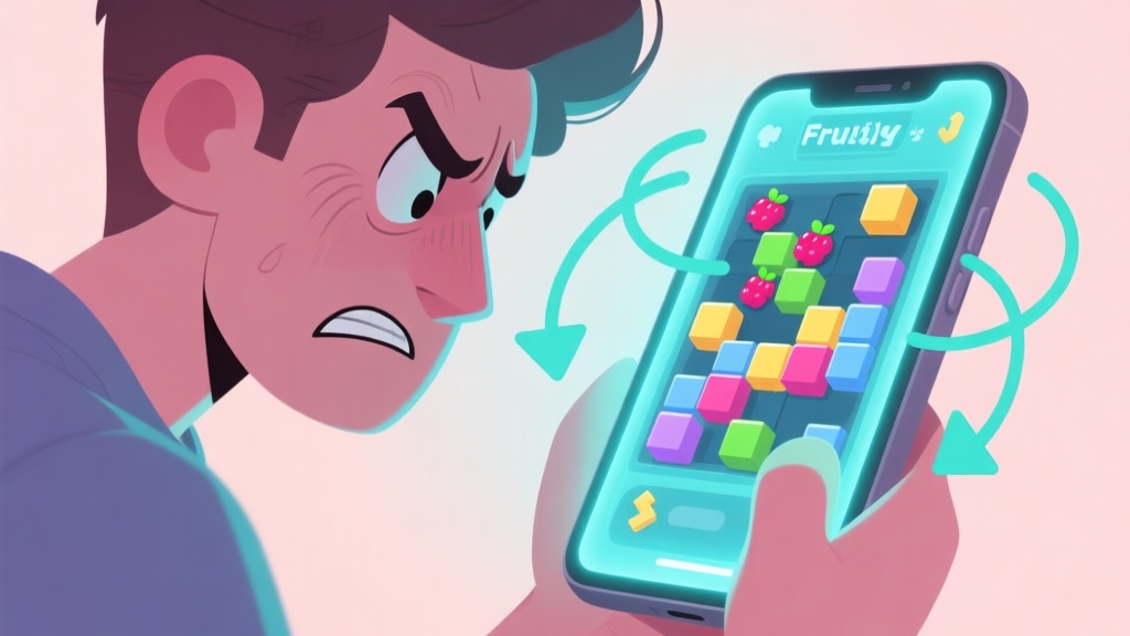 A frustrated player looking at a glowing phone screen showing a chaotic Fruity Cubes puzzle level, with a calm, analytical overlay of arrows and circles highlighting potential moves, in a soft pastel color scheme high quality illustration, detailed, 16:9