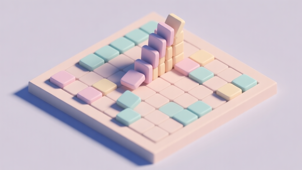 A minimalist isometric view of a Goblock game board in mid-play, with cascading tile matches happening, soft pastel colors for the tiles, clean shadows, and a focused perspective high quality illustration, detailed, 16:9