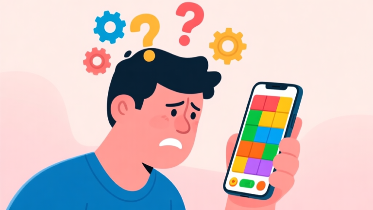 自动生成图片: A person looking frustrated at a smartphone screen showing a colorful grid puzzle game, with question marks and gears floating above their head, soft pastel background high quality illustration, detailed, 16:9