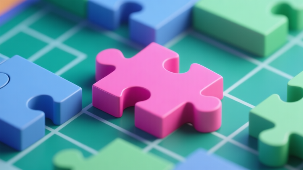 A close-up of a vibrant pink puzzle block surrounded by muted blue and green blocks on a game grid, creating a stark visual contrast, soft lighting, digital art style high quality illustration, detailed, 16:9