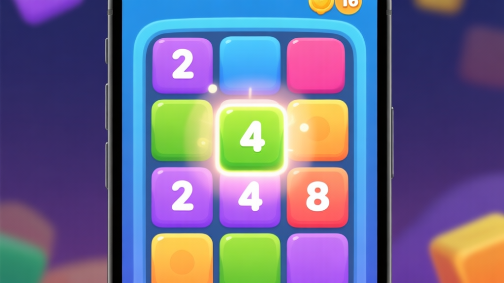 A vibrant, inviting game interface of a block fusion puzzle on a mobile screen, showing colorful numbered blocks (2, 4, 8) on a grid, with one block highlighted as if about to be merged, soft glowing effects, clean and modern design high quality illustration, detailed, 16:9