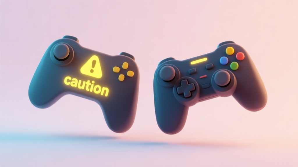 Two stylized game controllers on a soft pastel background, one glowing with a gentle "caution" yellow light, symbolizing awareness and consideration in online communication high quality illustration, detailed, 16:9