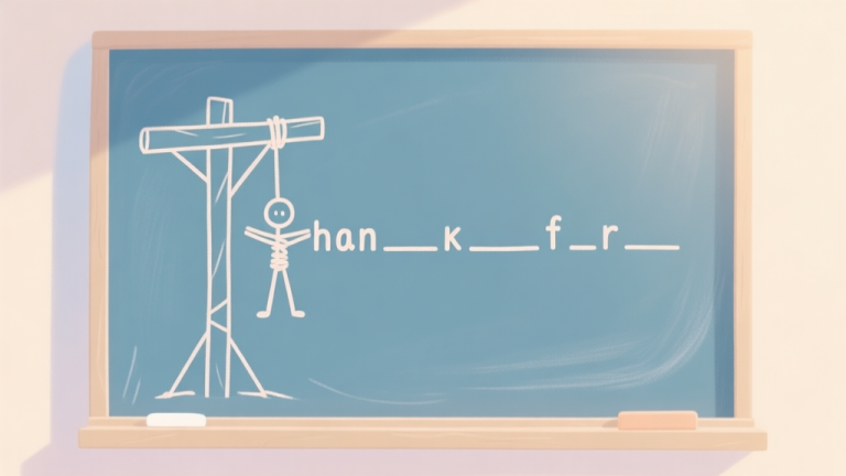 自动生成图片: A minimalist, playful illustration of a Hangman game in progress on a chalkboard. The gallows are simple line art, with a few body parts drawn. The blank underscores show a long word, with some letters filled in. Soft pastel colors like light blue and beige dominate, with a warm, inviting glow. high quality illustration, detailed, 16:9