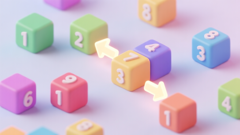 自动生成图片: A playful, isometric 3D illustration of colorful numbered blocks in a slight disarray, with soft glowing arrows indicating swaps between adjacent blocks, pastel color palette, clean game UI aesthetic high quality illustration, detailed, 16:9