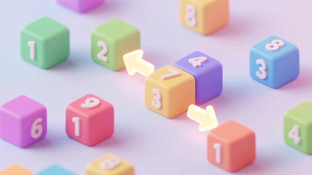 A playful, isometric 3D illustration of colorful numbered blocks in a slight disarray, with soft glowing arrows indicating swaps between adjacent blocks, pastel color palette, clean game UI aesthetic high quality illustration, detailed, 16:9