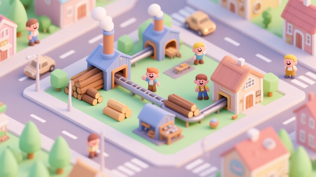 A vibrant, isometric view of a small but efficiently organized town in Teeny Tiny Town style, showing clear production chains from lumber mills to workshops, with happy citizen avatars and no traffic jams, soft pastel color palette high quality illustration, detailed, 16:9