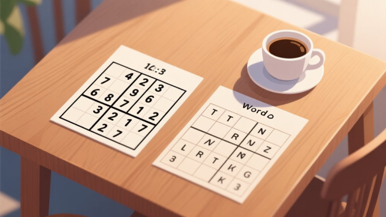 自动生成图片: Side-by-side comparison of a completed Sudoku grid with numbers and a Wordoku grid with letters, on a wooden table with a coffee cup, soft natural lighting, flat lay style high quality illustration, detailed, 16:9
