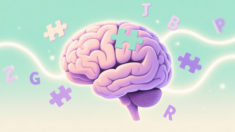 自动生成图片: A stylized, cozy illustration of a brain with puzzle pieces and letters floating around it, connected by soft glowing pathways, in a pastel color palette of mint green, lavender, and cream high quality illustration, detailed, 16:9