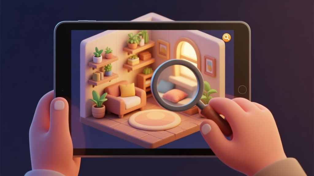 A cozy, softly lit game scene on a tablet screen showing a detailed isometric room with shelves, plants, and cushions, a pair of hands hovering over it with a magnifying glass, focus on the search, warm and muted color palette high quality illustration, detailed, 16:9